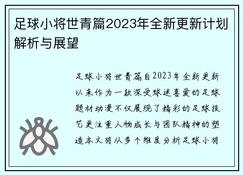 足球小将世青篇2023年全新更新计划解析与展望
